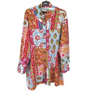 Calessa 2X Pink Blue Patchwork Floral Button Front Shirt Tunic Long Sleeve NEW